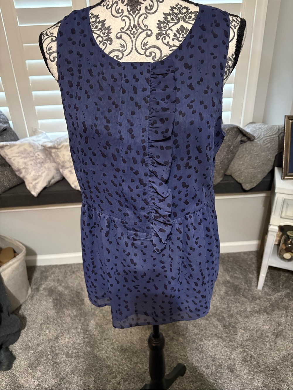 Sleeveless Navy Ruffle Front Women's Top